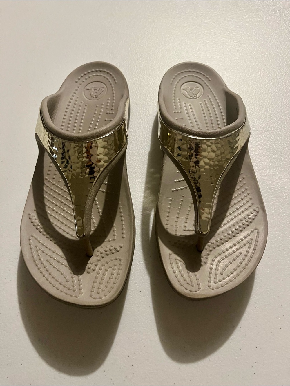 Crocs Sloane Gold Metallic Thong Sandals - Casual Slip-On Flip Flops